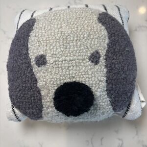 Mud Pie Mini Rug Hook Striped Pillow Dog‎ Puppy Puff Nose Gray Black White 8x8